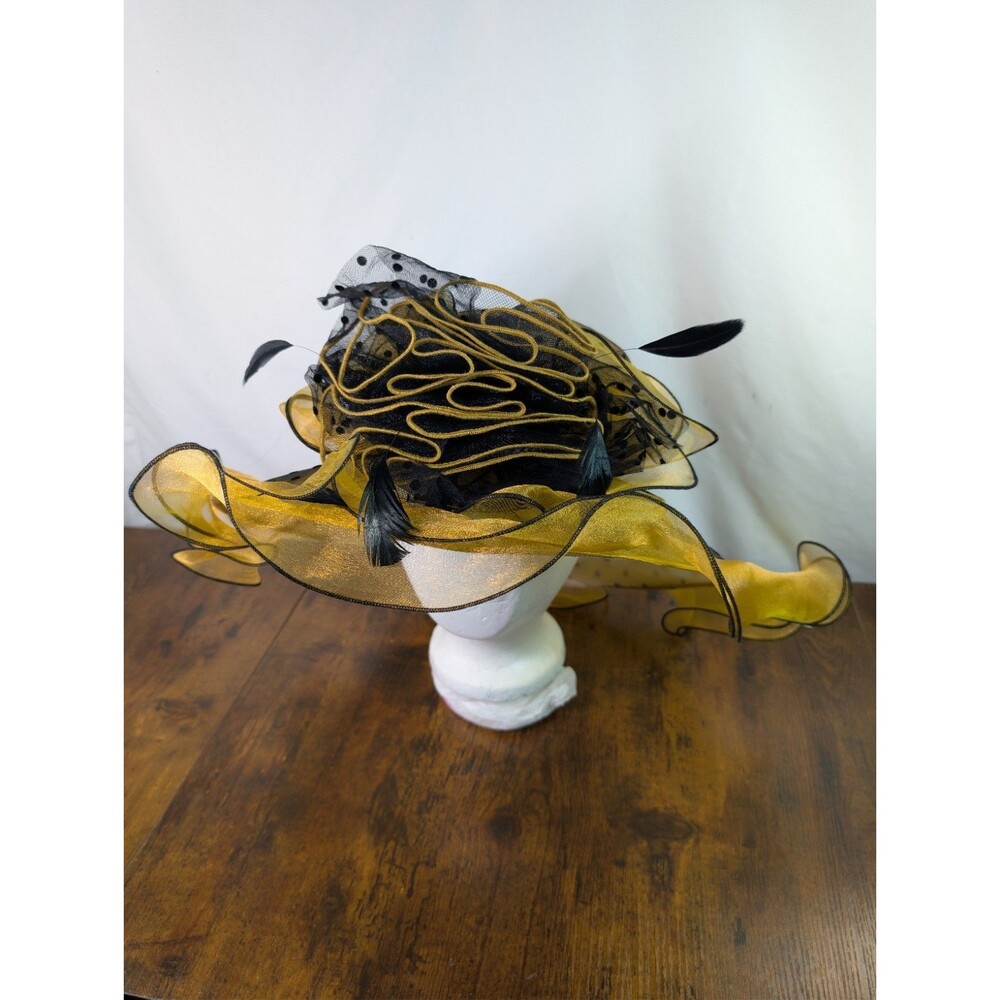 Elegant Organza Church Hat Yellow Gold Black Wide Brim Kentucky Derby Tea Party